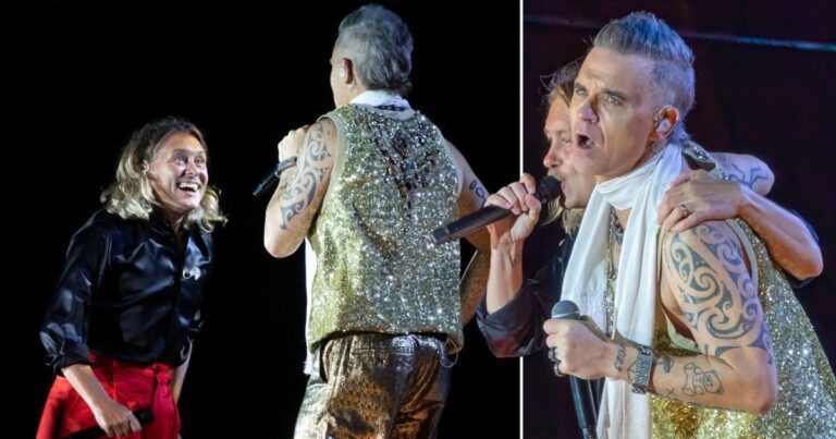 Robbie Williams shares stage reunion with Take That’s Mark Owen Robbie Williams shares stage reunion with Take That’s Mark Owen