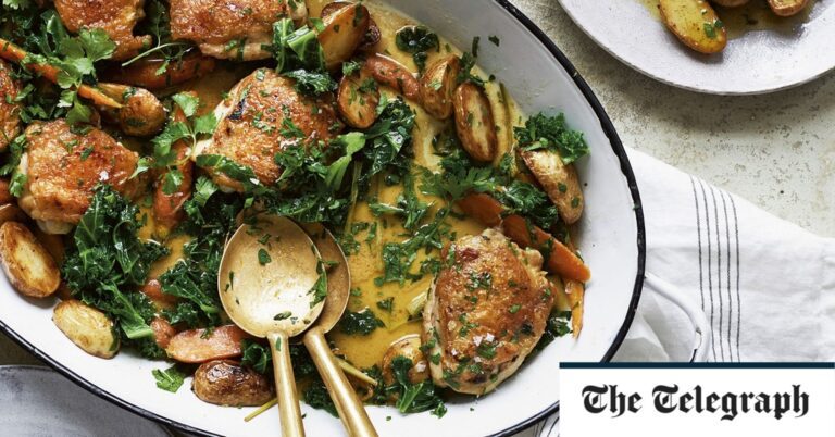 One-pan ‘roast’ chicken with potatoes, kale and thyme recipe One-pan ‘roast’ chicken with potatoes, kale and thyme recipe