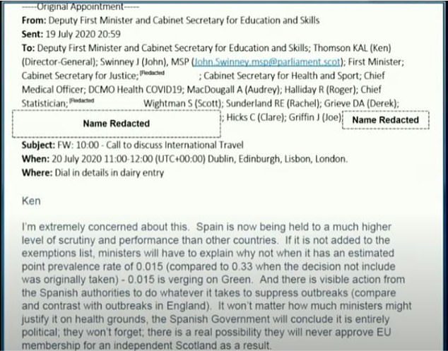 The smoking gun email that ‘PROVES Nicola Sturgeon was using Covid to break up the UK’: Inquiry is shown message between SNP deputy and ex-First Minister opposing travel ban on Spain in 2020 – ‘because they might never let Scotland join the EU’