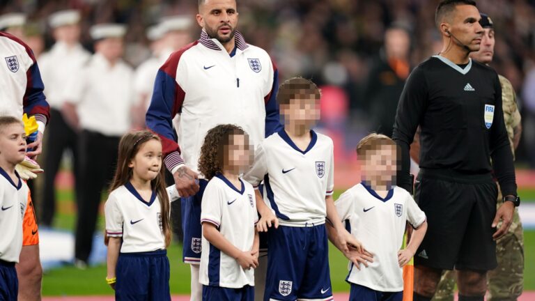 Kyle Walker shrugs off Lauryn Goodman drama as he leads England out with kids he shares with wife Annie by his side