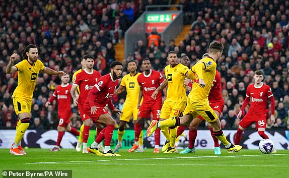 Sheffield United's James McAtee attempts a shot on goal during the Premier League match at Anfield, Liverpool. Picture date: Thursday April 4, 2024. PA Photo. See PA story SOCCER Liverpool. Photo credit should read: Peter Byrne/PA Wire.RESTRICTIONS: EDITORIAL USE ONLY No use with unauthorised audio, video, data, fixture lists, club/league logos or "live" services. Online in-match use limited to 120 images, no video emulation. No use in betting, games or single club/league/player publications.