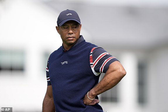 Tiger Woods stands on the first green during the second round of the Genesis Invitational golf tournament at Riviera Country Club Friday, Feb. 16, 2024, in the Pacific Palisades area of Los Angeles. (AP Photo/Ryan Sun)