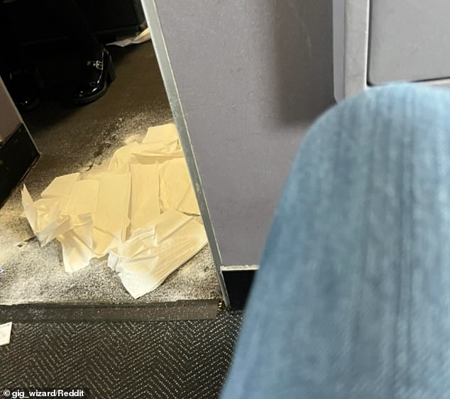 ground crew spent over two hours trying to clean the carpet with paper towels, noting the smell made them ill